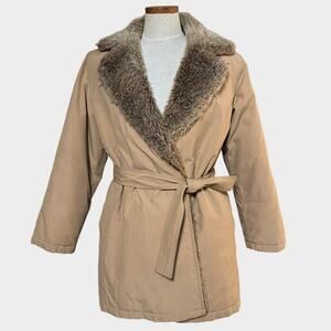 Vintage London Fog Belted Camel Coat 10 Faux Fur Collar Winter Wrap Luxe Mobwife